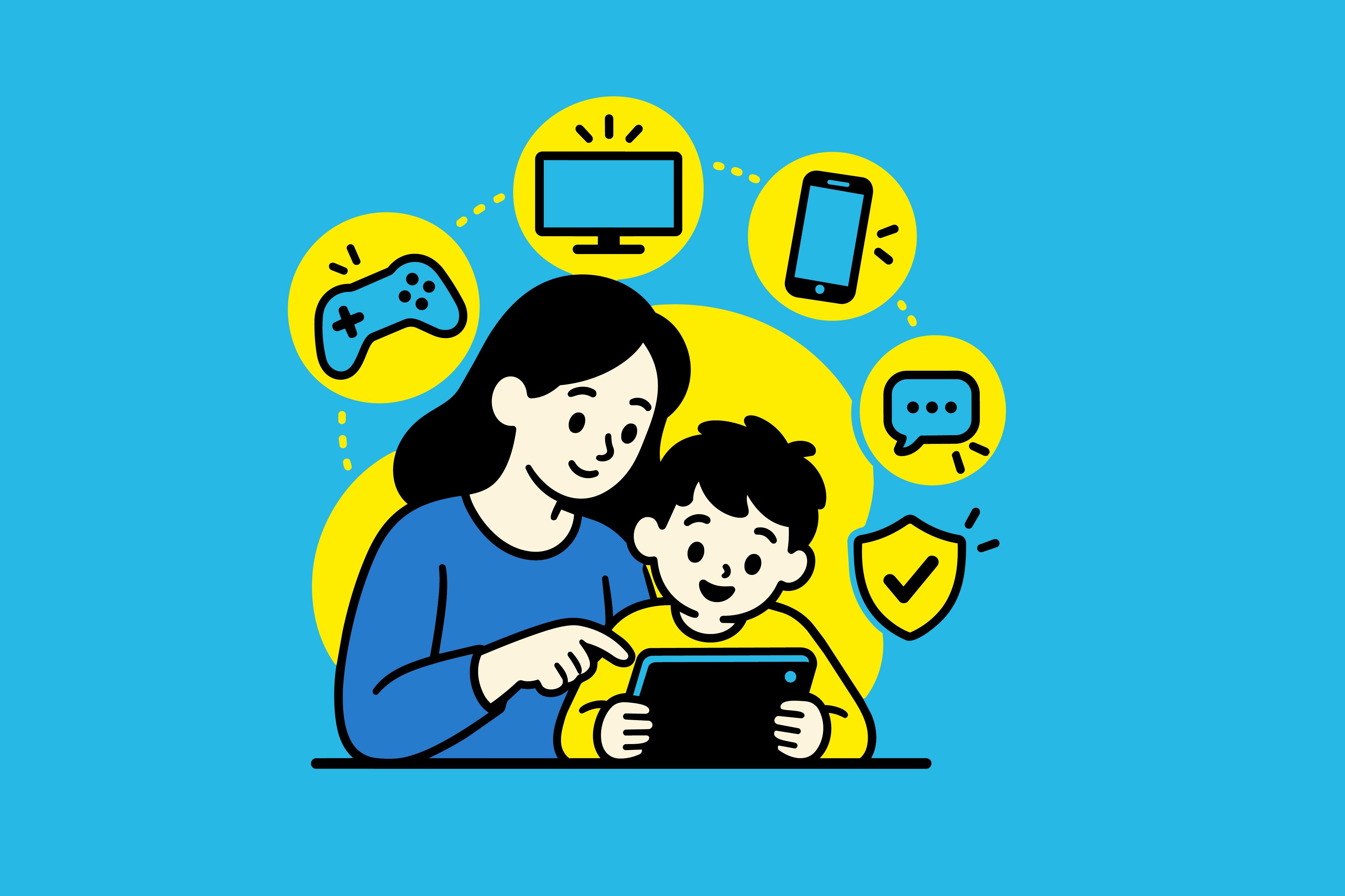 Enfant navigant sur une tablette sous la supervision de sa mère 