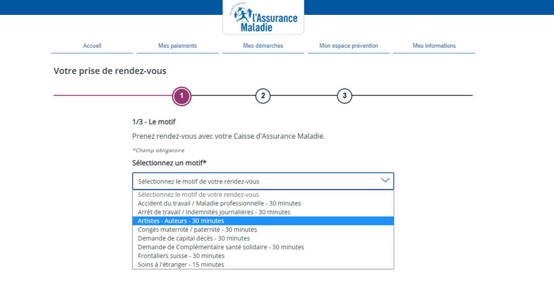 Choix motif compte ameli